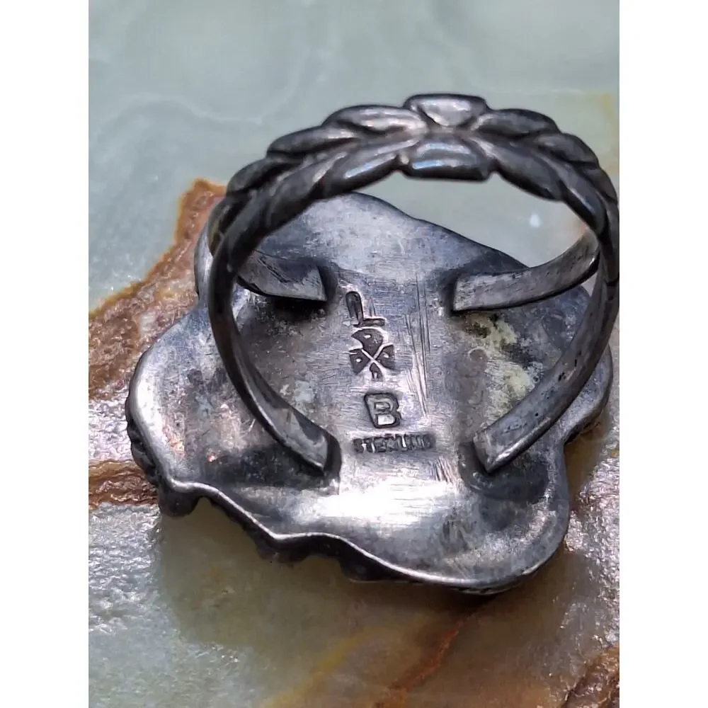 Les Baker Shop Navajo Sterling Silver Coral Ring B Hallmark Size 5.75 Vintage